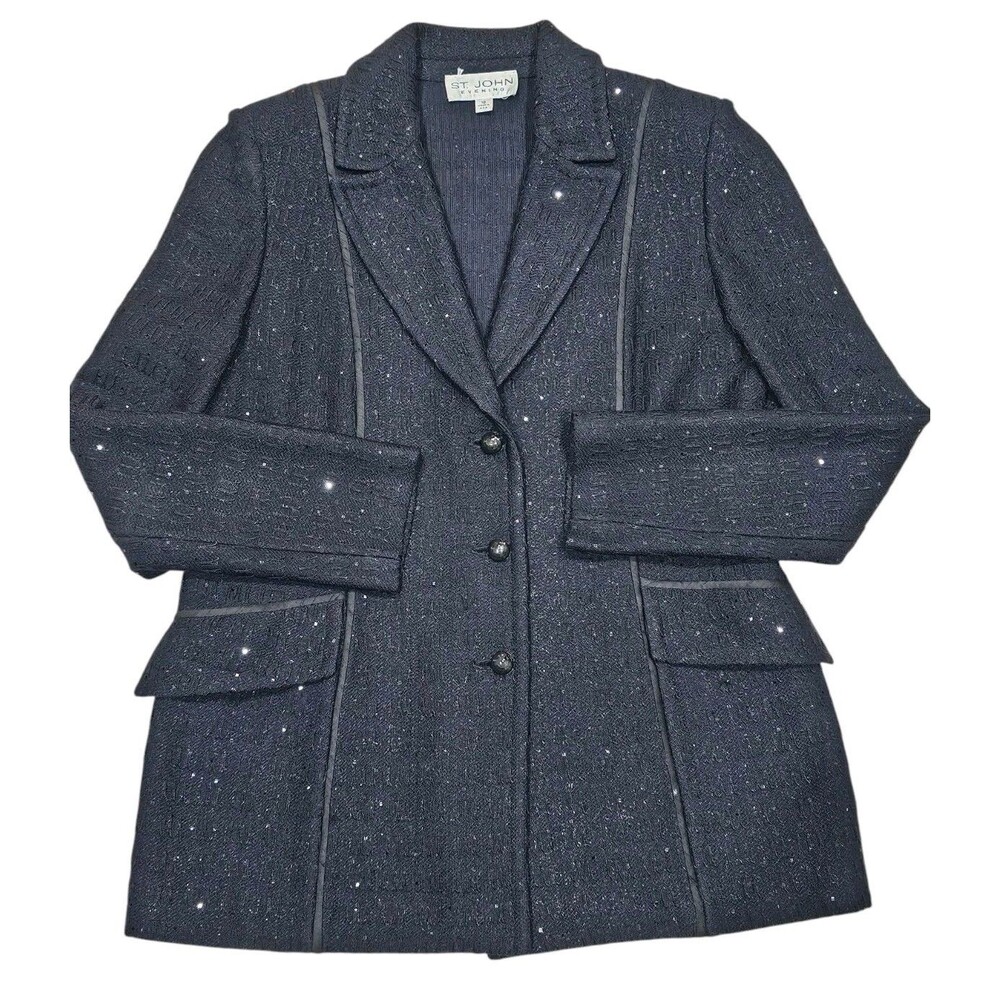 St John Evening Tweed Blazer Size 10 Elegant Jacket Luxury Preppy Black 3 Button
